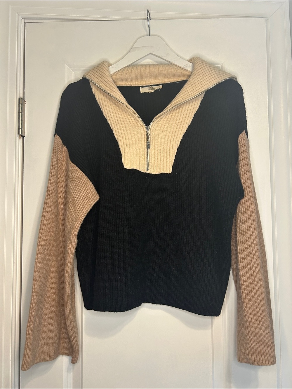 entro Colorblock Zip-Neck Sweater - Black, Cream & Tan